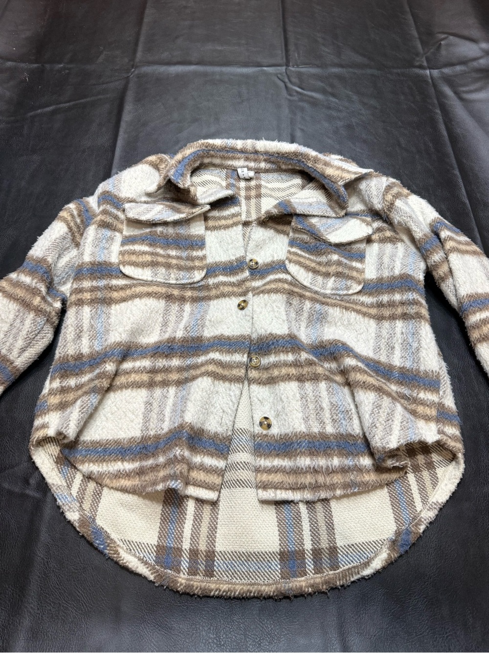 Cozy Striped Teddy Shacket Jacket in Cream, Brown & Blue